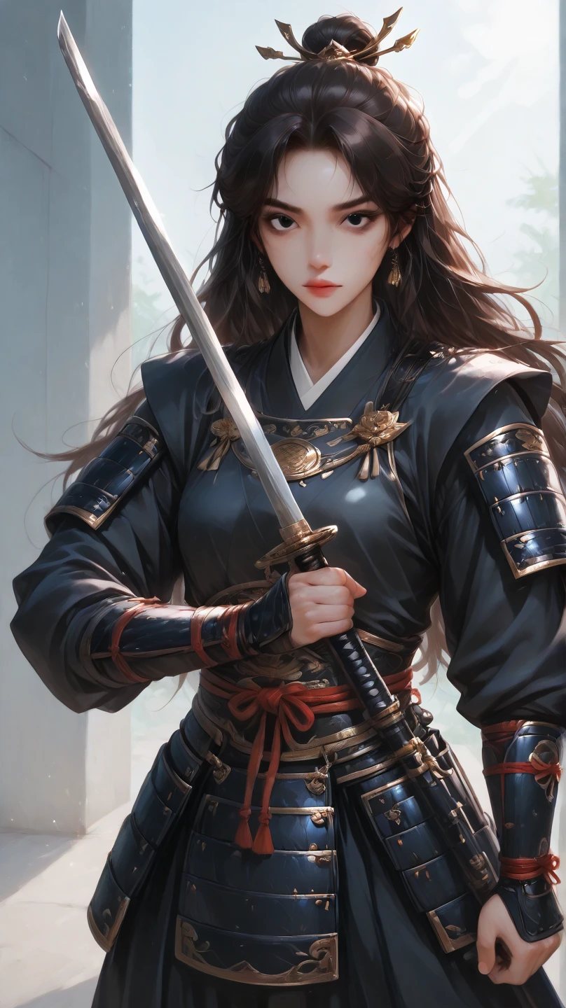arafed woman in a costume holding a sword and a sword, she is holding a katana sword, very beautiful cyberpunk samurai, female samurai, wearing kimono armor, ornate korean polearm behind her, she is holding a sword, holding a sword on her shoulder, wearing kimono armour, dressed in samurai armour, portrait shot, samurai outfit, ornate cosplay, sexy look, big breast, sexy pose, show breast, rainbow hair