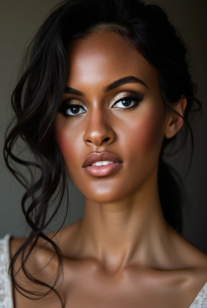 beautiful (((Dark skin:1.2))) androgen:1.3, ((Dark skin:1.2)), (((by white))), ethereal Dark skin beauty,piercing blue eyes,long flowing by white,Dark skin complexion,soft pink lips,sensual behavior,seductive look,elegant pose,subtle makeup,pure white dress,delicate features,striking contrast with its surroundings,Soft natural light,subtle shadows,ethereal atmosphere,vibrant colors,dream scenario,romantic setting,artistic portrait,Very detailed representation,Photorealistic quality.