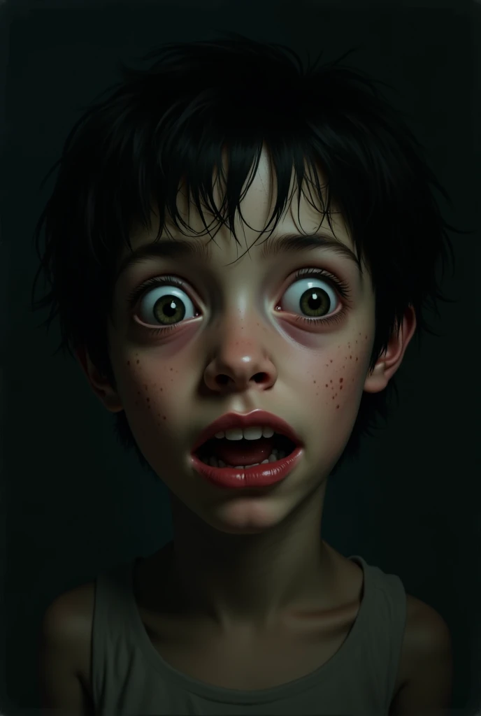 mejor calidad, obra maestra, (realista: 1.2), dramatic portrait, 1 boy, con enormes ojos realistas y detallados, fondo dramatico, weird, cuello largo, enano, por tim burton