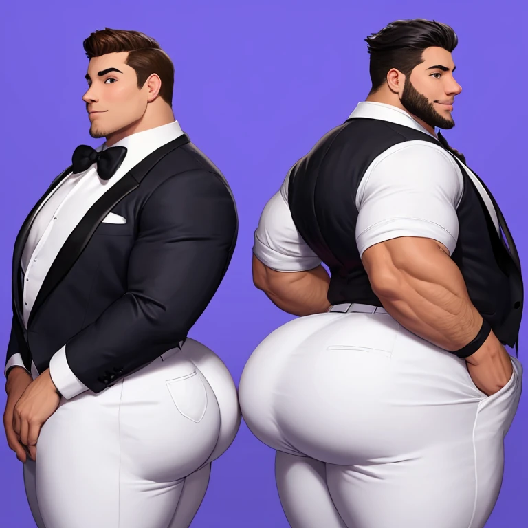 Ginger man in a tuxedo, huge ass, comically massive ass, tight tuxedo pants, large boy booty, bubble butt, man bubble butt, thick, thicc, thick thighs, thick ass, athletic, fit, round ass, full ass, wide ass, tuxedo