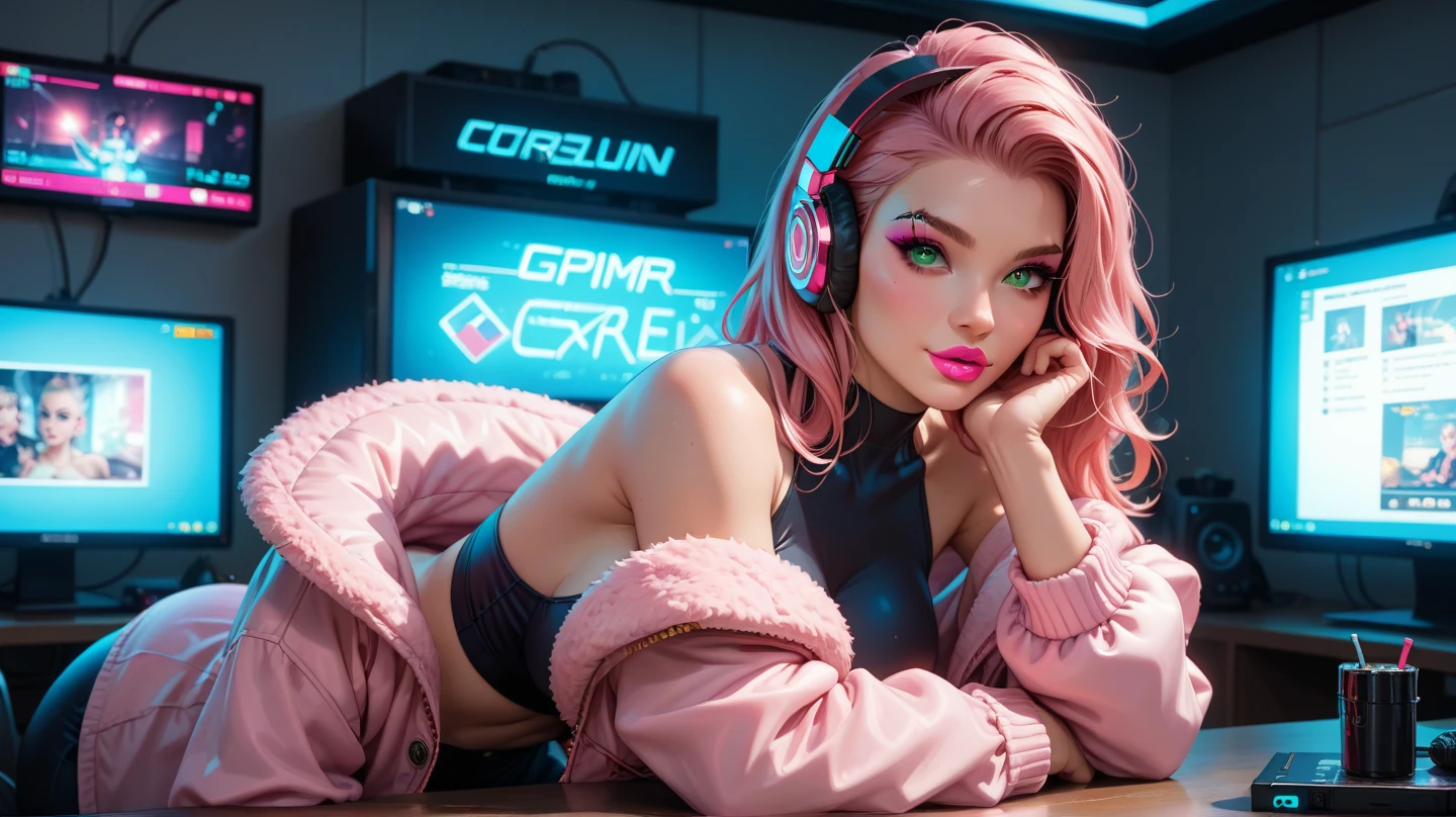Capture the essence of a woman passionately immersed in the world of gaming while proudly wearing luxury sport hijab, luxury sport bra with neon effect and sport skirt, wear headphone. show her cleaveage. Set the scene in a comfortable, well-lit room with a modern and stylish setup. The room is decorated with gaming posters, LED lights, and a few gaming collectibles placed strategically around her setup, room full of gaming gear, expressing her passion for gaming. A headset rests nearby, indicating her dedication to clear communication during gameplay. Above all, convey a sense of empowerment and pride in her identity as a gamer, highlighting how she breaks stereotypes by confidently showcasing her love for gaming while wearing her hijab. In the background, a cozy atmosphere is depicted with soft furnishings and warm colors. The room feels inviting and personalized, showing a glimpse of her personality beyond gaming. masterpiece, best quality:1.2),(8k,highres,RAW photo,realistic,photo-realistic:1.3),(detailed skin texture,detailed cloth texture,beautiful detailed face:1.25),professional lighting,photon mapping,beautiful soft light,radiosity,physically-based rendering,model shoot style, model shoot style, (extremely detailed CG unity 8k wallpaper), full shot body photo of the most beautiful artwork in the world, complex 3d render ultra detailed, looking at viewer, 18 yo, wet hair, real human skin, vibrant details, hyperrealistic, beautiful, octane render, an extremely delicate and beautiful, extremely detailed ,CG ,unity ,wallpaper,Amazing, finely detail,official art,extreme detailed eyes, (perfect face), shiny skin, colorful, highest detailed, vibrant colors, ultra high res, (high contrast), intricate, lens flare