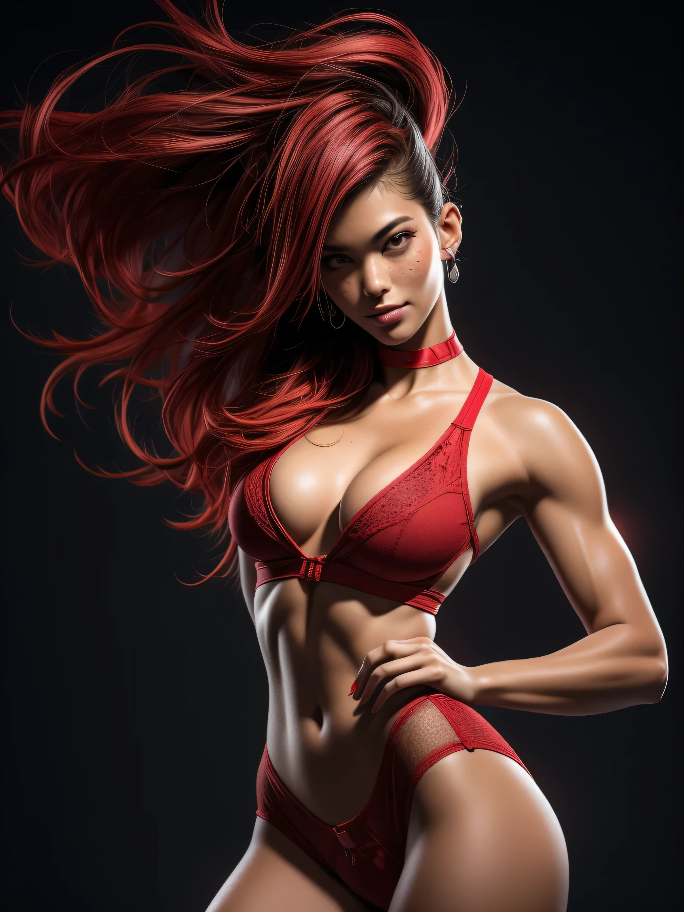 3d rendering, fitness model, 1 Asian-American woman, sexy detailed skin, detailed facial features, cute freckles, flirty smile, amazing body,((Natural Tear drop breast 1.7))Breasts naturally fall in a teardrop shape),bright color hair, mohawk, front view, upper-body, provocative underwear, sexy lingerie, transparent body stocking, erotic colors, hint of red, sexy, gaze, isolated on a black backdrop, dramatic lighting, deep contrast, low-key, emphasis on texture and contrast, RTX shader, unreal engine 5, v-ray render, organic rendering, complex, hyper realism, many details