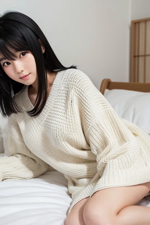 1womanl、20yr old、hotel、a bed、Wearing a sweater、skirt by the、Shorthair、Photorealsitic、Yoshiko Akishino