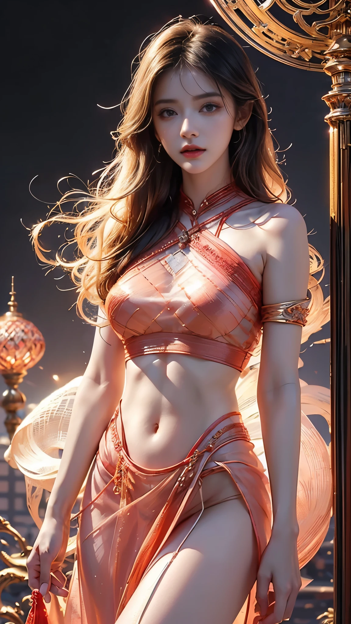 (high quality, ArtStation, Relax Art, fantasy style:1.2), (A beautiful cute girl, arms behind head), (long messy red ponytail hair, circlet), (white ornate kimono, navel, bare shoulders)