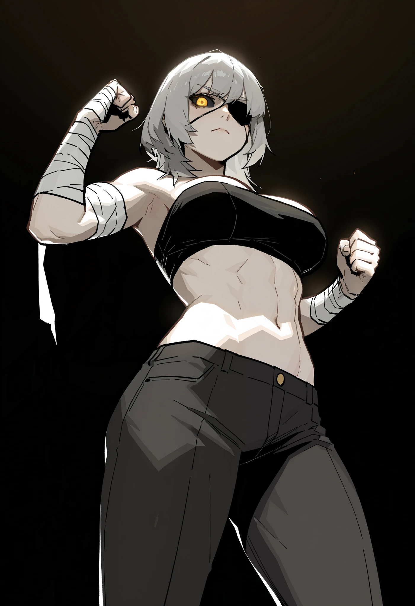 masterpiece, best quality, ultra-high-detailed, Disgusted face, white hair, red eyes, sigtuna julie , small breast, looking viewer like a trash , deep eyes , down shot, Warm body, hot body, A lot sweat , more sweat, hot temperature, sweating, Sweated a lot, warm room, bare shoulder, showing shoulder, Human, goth, emo, skinny,  bare shoulder, Tight thights, Front camera, Fit girl, muscle girl, fit body, navel, , glare, navel, midrifft, Boxing, six pack, abs, Muuaythai, Muscular, sweat all over body, punch