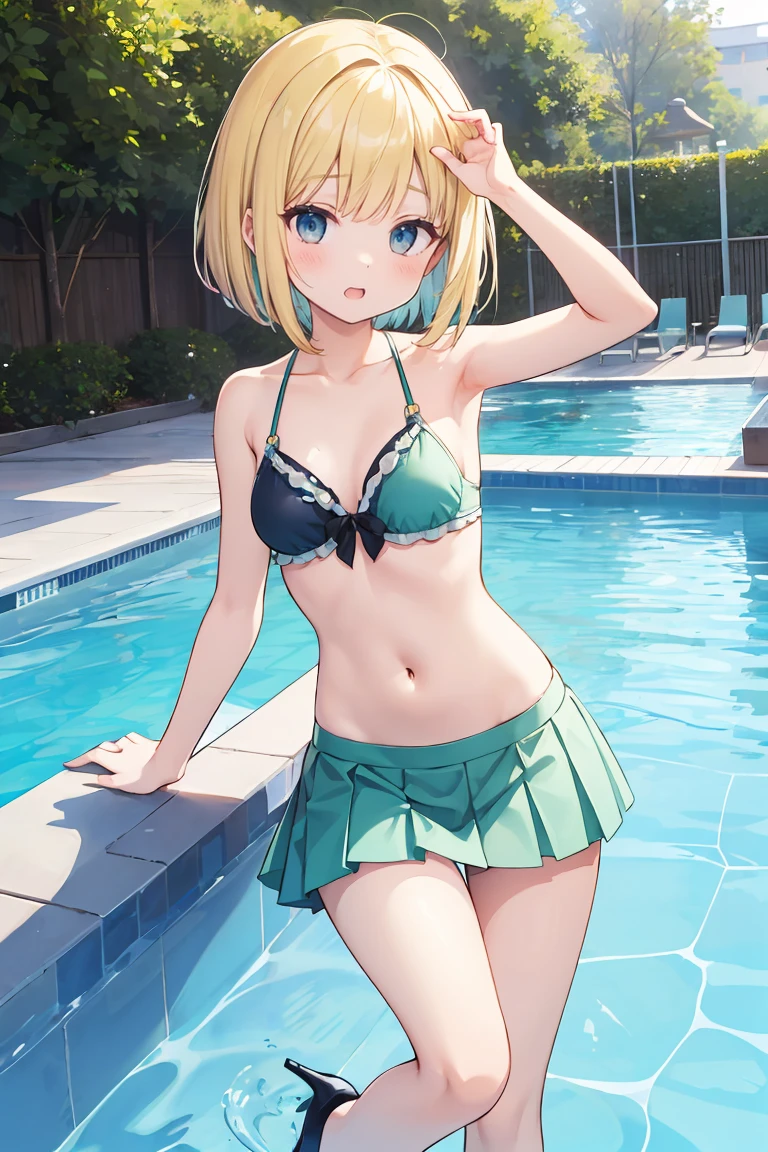 1 girl, alone, Hoshizaki MIRIKA, medium hair, blonde hair, green eyes, big breasts, two pigtails, 1 girl, bikini with side ties, swimsuit, green bikini, bikini, solo, large breasts, medium waist, medium hips, wide thighs, navel, (beach), sea, sitting on sand, blush, micro bikini, (arms behind head: 1.2), covered nipples, collarbone, cowboy photo, green panties with side bow, marked pussy, marked nipples , thighs, bare legs, barefoot, bare feet, (looking at viewer:1.2), open mouth, armpit, detailed pupils, angry, embarrassed, seductive, smiling, open mouth
