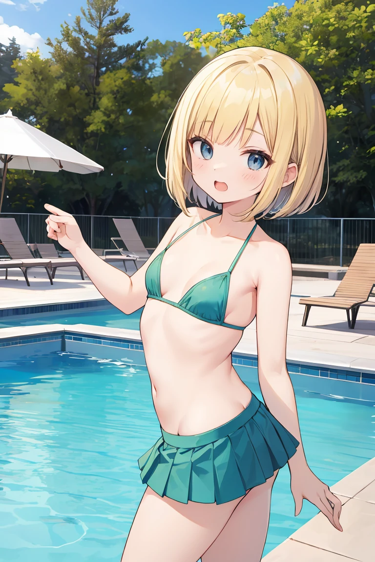 (((masterpiece))), ((highest quality)), (Very detailed), ((High resolution)), ((8k)), ((Anatomically correct)), One very cute girl, Baby Face, (Poor breasts), Vocaloid, (Kagamine Rin), Blonde, Short Hair, Letting down your bangs, Charming smile, Blue eyes, Best moment, Delicate arms, Detailed skin texture, Intricate details, Very detailedな顔, Beautiful curves, Beautiful thighs, (Sweating), ((Wearing denim shorts on the lower half of the body)), ((She is wearing a yellow striped bikini on her upper body.)), Pool at night, Ecstatic expression, Looking up, Beautiful standing posture, Model standing, Both arms are behind his back, blush, A big smile, barefoot, Wearing sandals, Sitting, Crotch open in an M shape,