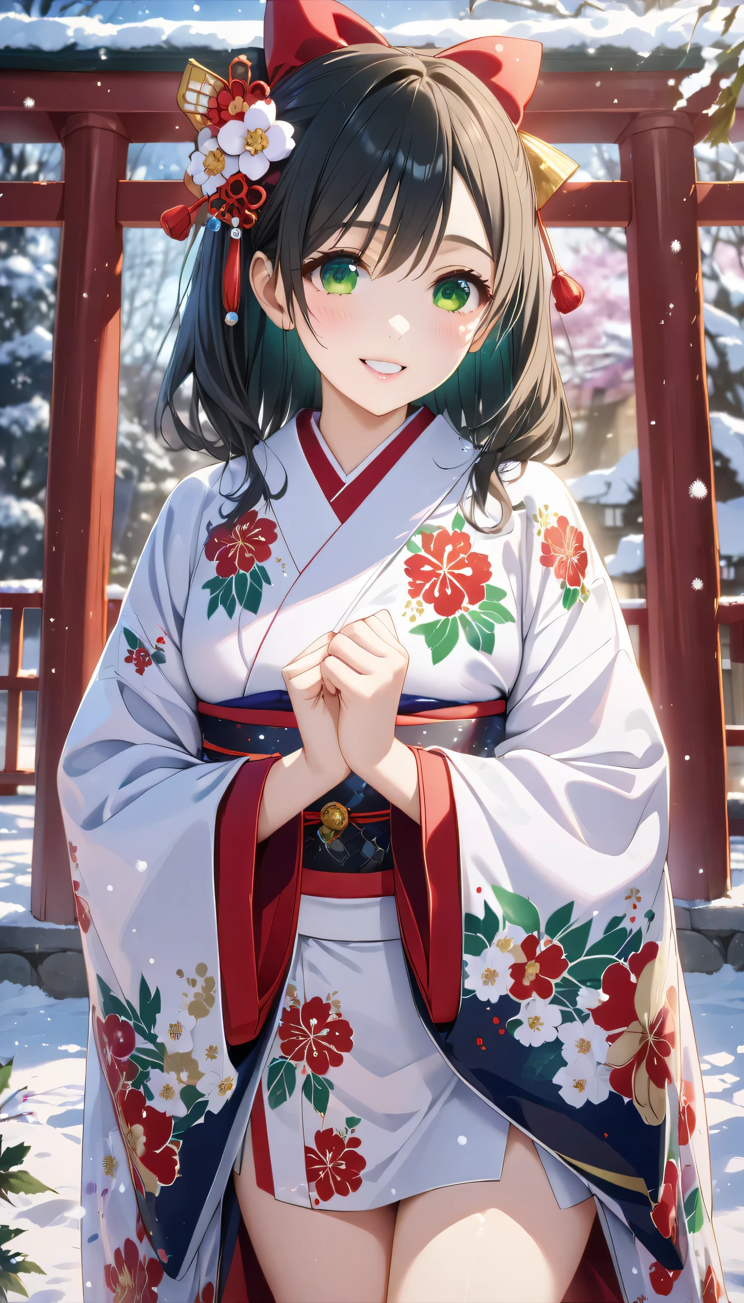 ((ultra-detailed)), (highly detailed CG illustration), (best quality:1.2), ultra-highly detailed, colorful composition, artistic photoshoot, 1girl, solo focus, ((thigh to top:1.4)), ((cowboy shot:1.4)), composition, artistic photoshoot, score_9, score_8_up, 1girl, solo focus, amagamiyae, black hair, green eyes, red ribbon, hair ribbon, japanese clothes, ((red ankle-length long furisode costume with gorgeous floral pattern:1.4)), ((white obi with golden decorations)), white fur shawl, shrine visit, traditional japanese shrine, snow falling, torii gate covered in snow, visitors wearing kimonos, beautiful detailed winter sky, from front, expecting, pink cheek, blush, light pink gloss slip, portrait, depth of field, soft lighting, sidelighting, (shine), lighting, caustics, ray tracing, smile, perfect face, lustrous skin, highly detailed face, highly detailed eyes, perfect face, perfect nose, perfect hair, perfect eyes, perfect anatomy, beautiful hair, beautiful small face, extremely detailed face, beautiful detailed eyes, beautiful clavicle, beautiful body, beautiful ample breasts, breasts squeezed together, equalize the size of the left and right breasts, beautiful thin thighs, beautiful legs, beautiful fingers, 4 fingers, 1 thumb, lovely, (very detailed background:1.0), (highly detailed background:1.0), winter aesthetic, intricate details, solemn serene and respectful atmosphere, winter colors palette, chromatic aberration