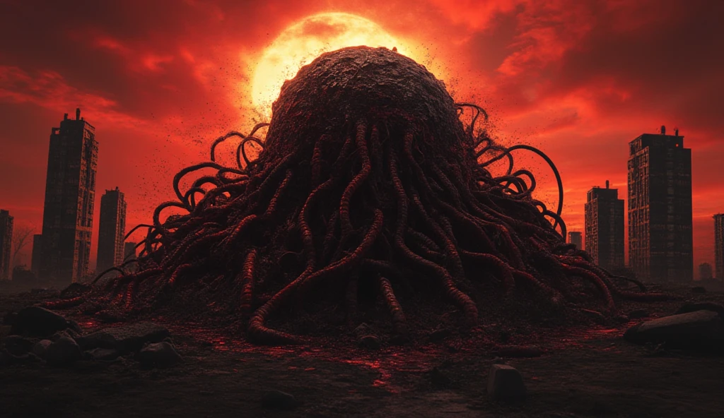 A huge pile of giant worms. they are entangled in a nightmare tangle. Black worms with red stripes. from the Tangle of which terrifying long bloody large and thick tentacles are protruding. The ball levitates among the skyscrapers of a destroyed city full of skyscrapers. The city of meat and flesh, the Crimson sky, the apocalypse. The sunset is yellow. Blood, violence, pain. blood-red sky, black sky. Horror