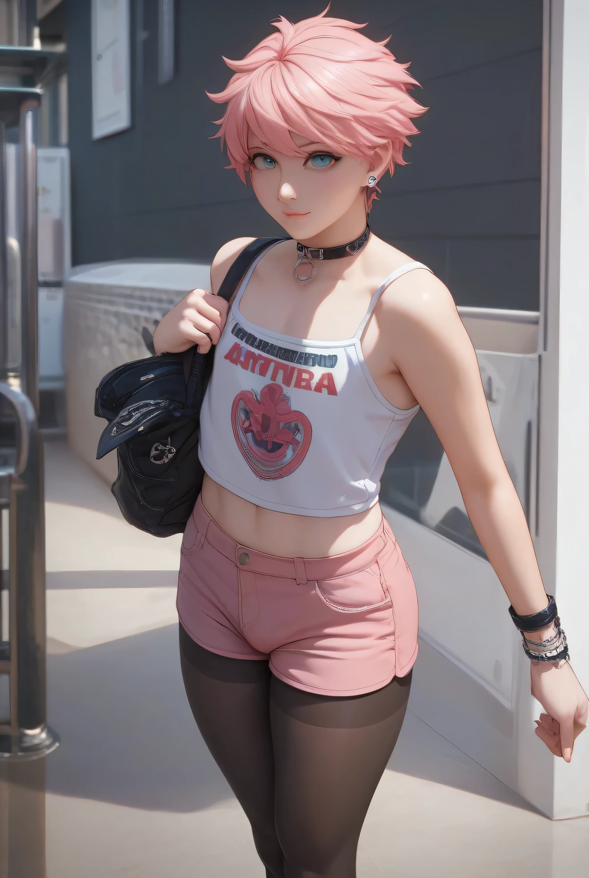 Pink-haired 30 years adult Femboy, blue eyes, Black heavy metal band jersey, shorts branco curto, pantyhose, 2d anime art style, semi-realism, adult, showing her