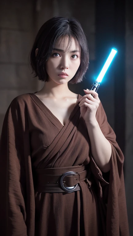 (8K, Raw photo, highest quality, masterpiece: 1.2), (realistic, photorealistic: 1.37), highest quality, Super detailed, high resolution, 1 girl, Siyun, A beautiful girl dressed as a Jedi Master, Holding a lightsaber, This is the world of Star Wars,