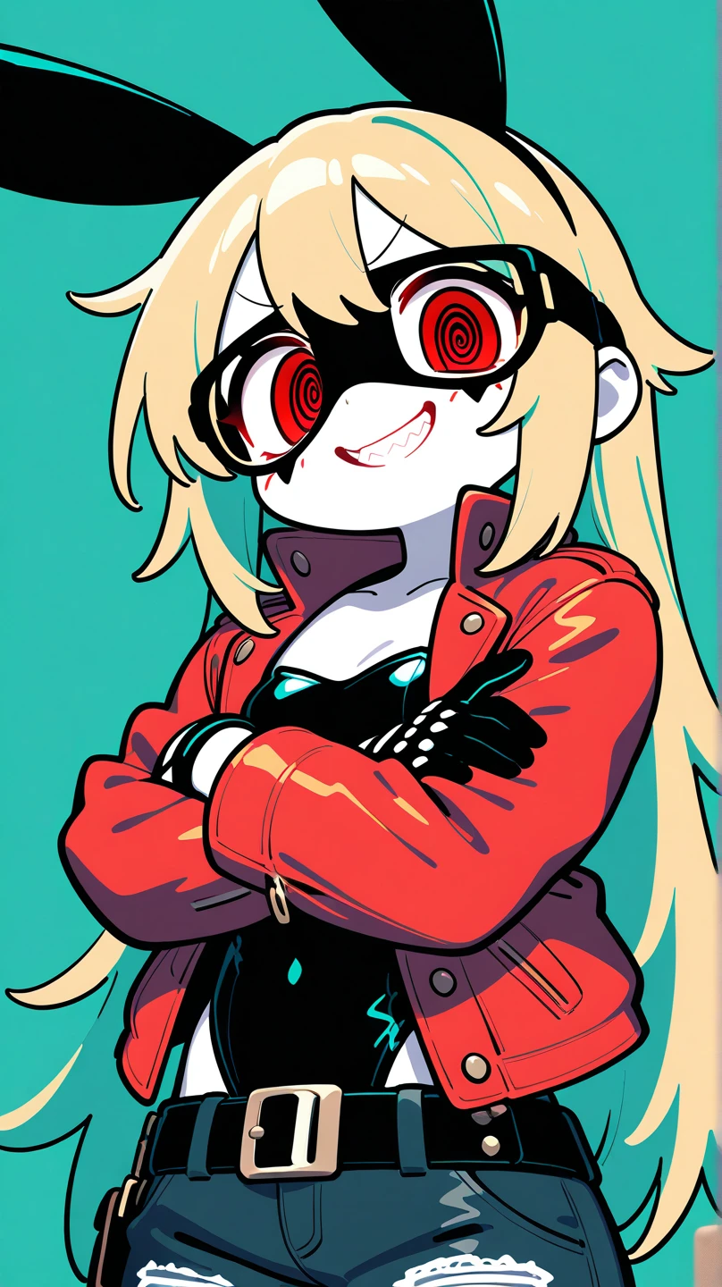 ((best quality)), ((highly detailed)), masterpiece, absurdres, extremely detailed face, beautiful face, (detailed eyes, deep eyes), <lora:more_details:.2>, (1girl), (glasses), dynamic pose, full body, tan tomboy, short hair, ((tan skin)), tanlines, athletic, abs, grin, tank top, sweat pants, sneakers, (indoors, at a living room), <lora:Persona5Cruncher:.9>, PersonaCruncher, mask, upper body, solo
