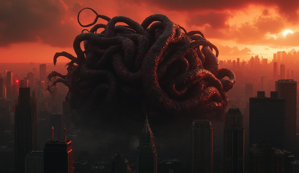 a brain with a large mouth. the brain has tentacles. The brain has sharp teeth. it is sunset in a large city. The city is on fire.