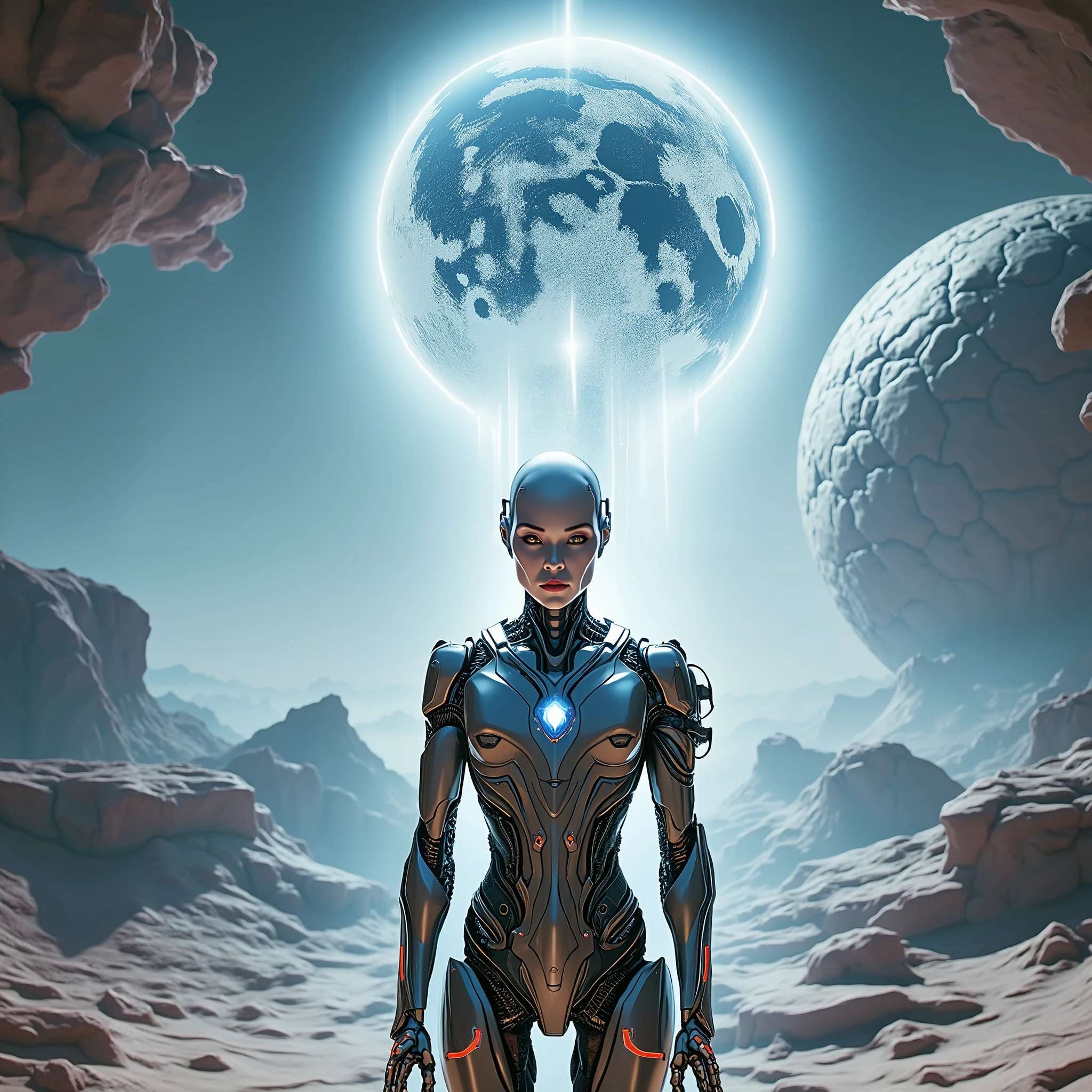 Frontview of male cyborg on view outer world shine and