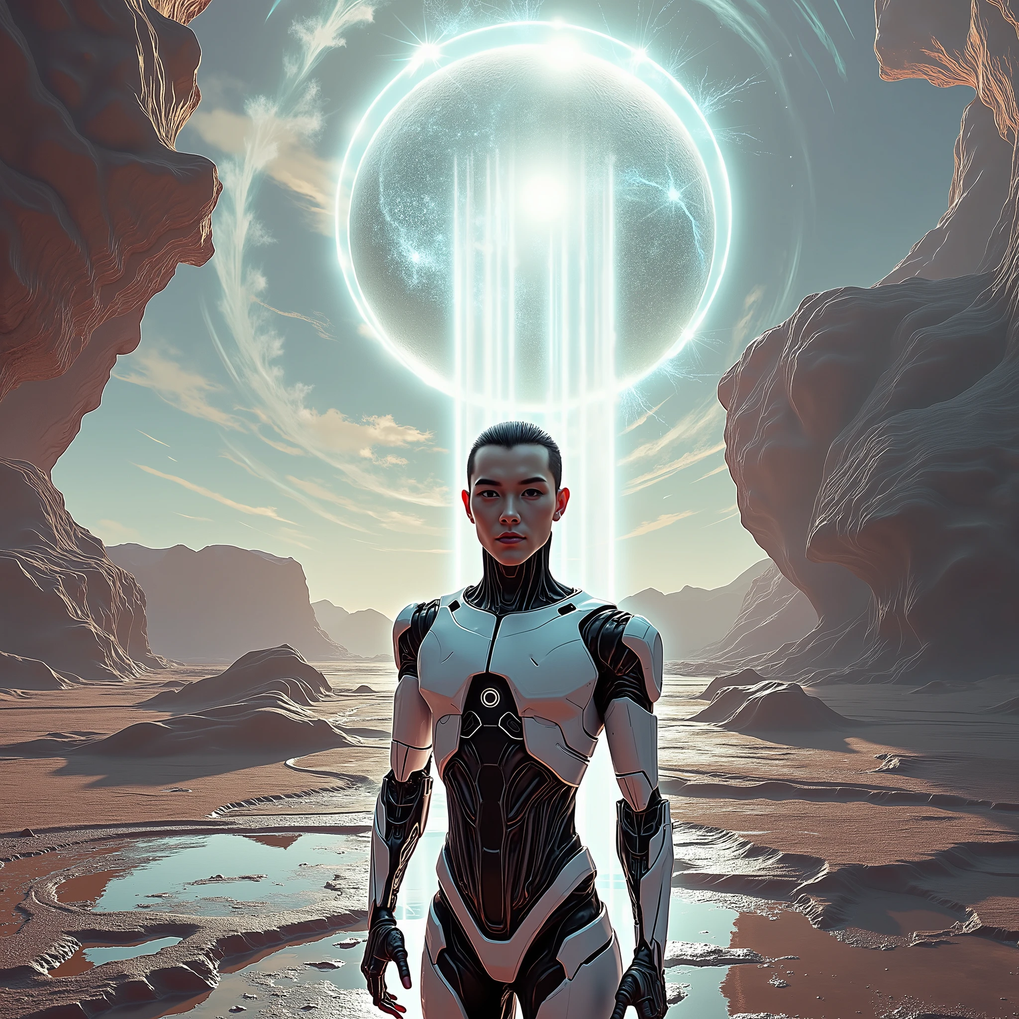 Frontview of male cyborg on view outer world shine and