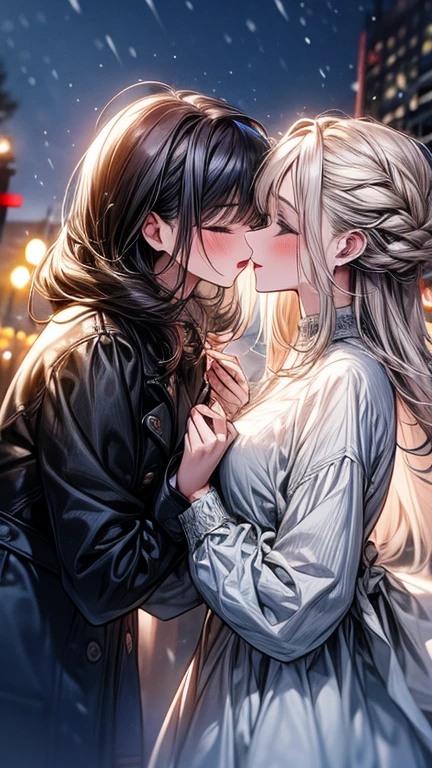 (Mysterious fog:1.5), (Thick Fog:1.2), iridescent, neon dust, shading effects, gradation magic effects, foggy filter effects, glitter effects, graphic CG digital art, Two young women kissing, A woman with long blonde hair and a woman with short black hair