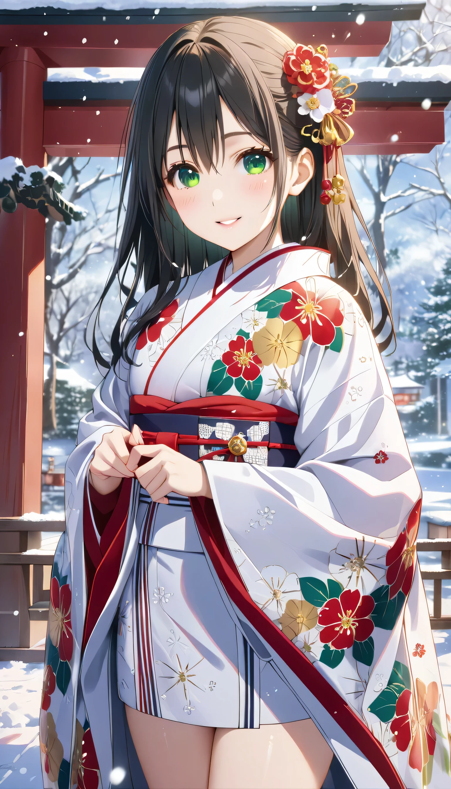 ((ultra-detailed)), (highly detailed CG illustration), (best quality:1.2), ultra-highly detailed, colorful composition, artistic photoshoot, 1girl, solo focus, ((thigh to top:1.4)), ((cowboy shot:1.4)), composition, artistic photoshoot, score_9, score_8_up, 1girl, solo focus, amagamiyae, black hair, green eyes, red ribbon, hair ribbon, japanese clothes, ((red ankle-length long furisode costume with gorgeous floral pattern:1.4)), ((white obi with golden decorations)), white fur shawl, shrine visit, traditional japanese shrine, snow falling, torii gate covered in snow, visitors wearing kimonos, beautiful detailed winter sky, from front, expecting, pink cheek, blush, light pink gloss slip, portrait, depth of field, soft lighting, sidelighting, (shine), lighting, caustics, ray tracing, smile, perfect face, lustrous skin, highly detailed face, highly detailed eyes, perfect face, perfect nose, perfect hair, perfect eyes, perfect anatomy, beautiful hair, beautiful small face, extremely detailed face, beautiful detailed eyes, beautiful clavicle, beautiful body, beautiful ample breasts, breasts squeezed together, equalize the size of the left and right breasts, beautiful thin thighs, beautiful legs, beautiful fingers, 4 fingers, 1 thumb, lovely, (very detailed background:1.0), (highly detailed background:1.0), winter aesthetic, intricate details, solemn serene and respectful atmosphere, winter colors palette, chromatic aberration