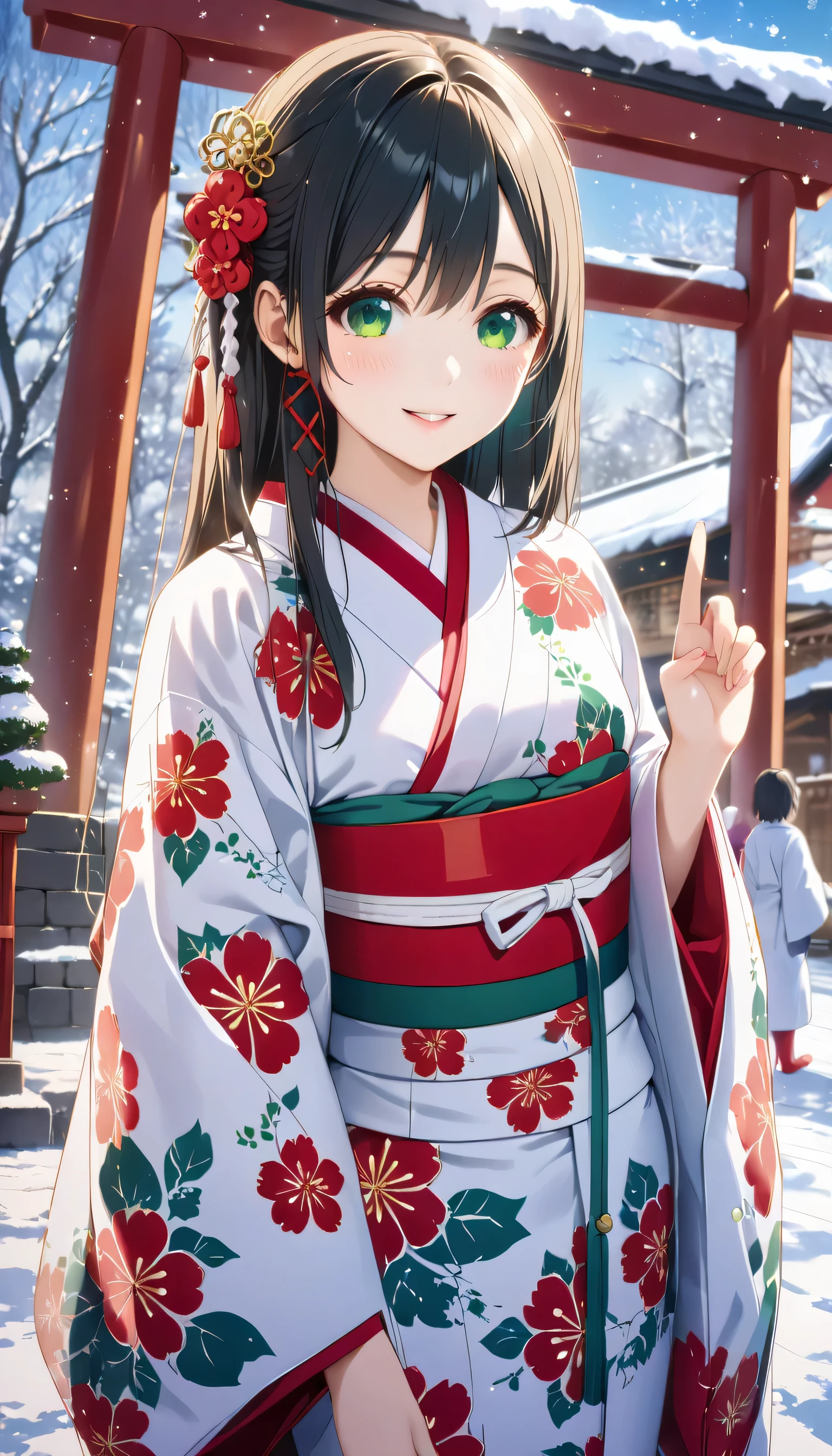 ((ultra-detailed)), (highly detailed CG illustration), (best quality:1.2), ultra-highly detailed, colorful composition, artistic photoshoot, 1girl, solo focus, ((thigh to top:1.4)), ((cowboy shot:1.4)), composition, artistic photoshoot, score_9, score_8_up, 1girl, solo focus, amagamiyae, black hair, green eyes, red ribbon, hair ribbon, japanese clothes, ((red ankle-length long furisode costume with gorgeous floral pattern:1.4)), ((white obi with golden decorations)), white fur shawl, shrine visit, traditional japanese shrine, snow falling, torii gate covered in snow, visitors wearing kimonos, beautiful detailed winter sky, from front, expecting, pink cheek, blush, light pink gloss slip, portrait, depth of field, soft lighting, sidelighting, (shine), lighting, caustics, ray tracing, smile, perfect face, lustrous skin, highly detailed face, highly detailed eyes, perfect face, perfect nose, perfect hair, perfect eyes, perfect anatomy, beautiful hair, beautiful small face, extremely detailed face, beautiful detailed eyes, beautiful clavicle, beautiful body, beautiful ample breasts, breasts squeezed together, equalize the size of the left and right breasts, beautiful thin thighs, beautiful legs, beautiful fingers, 4 fingers, 1 thumb, lovely, (very detailed background:1.0), (highly detailed background:1.0), winter aesthetic, intricate details, solemn serene and respectful atmosphere, winter colors palette, chromatic aberration