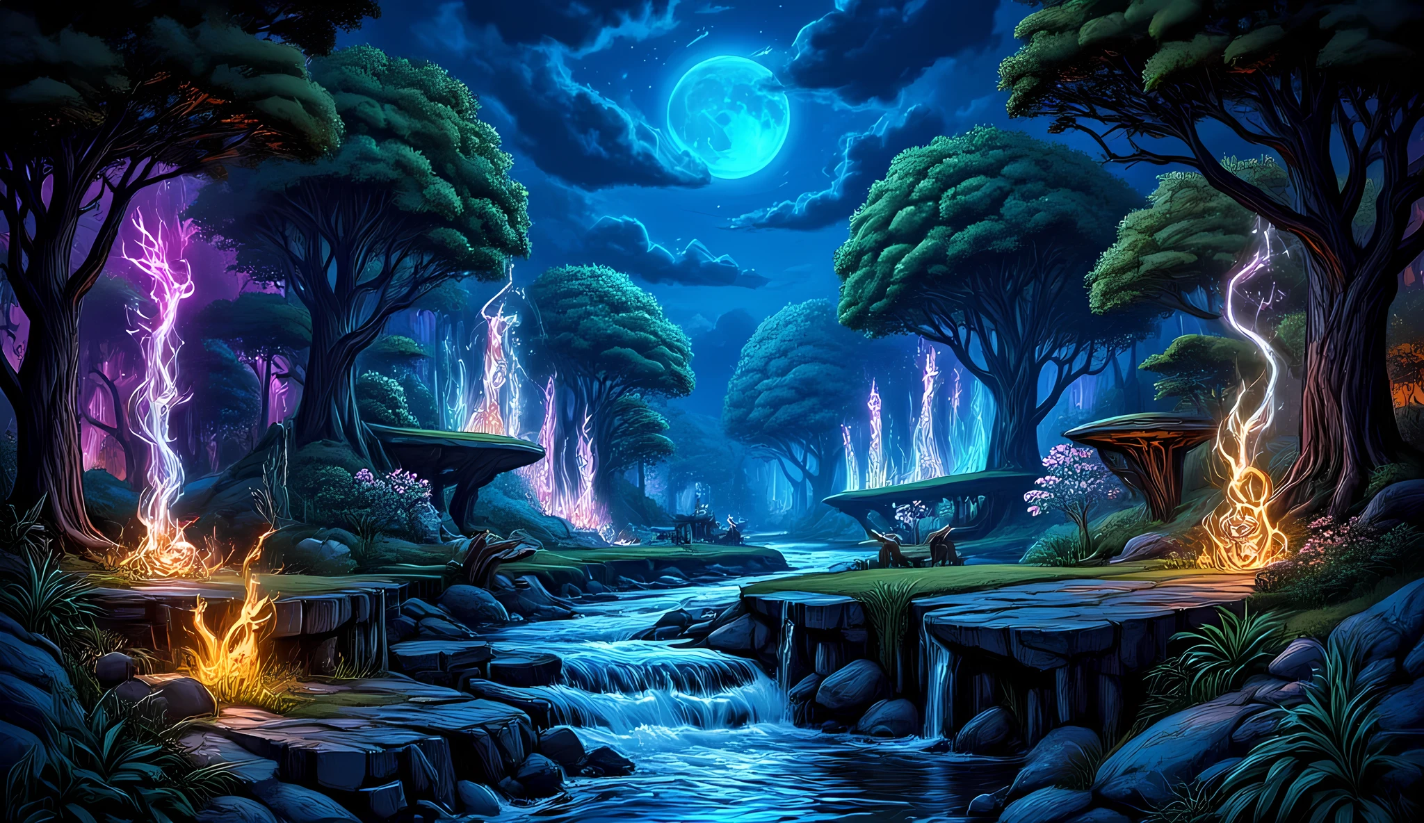comic art, fantasy art, there is a magical forest, a river flowing, colorful trees, the blue moon is in the night sky, glowing stars, pillars of fire, moat of tranquil water, hyp3rd3tail style, ArsMJStyle, dnddarkestfantasy