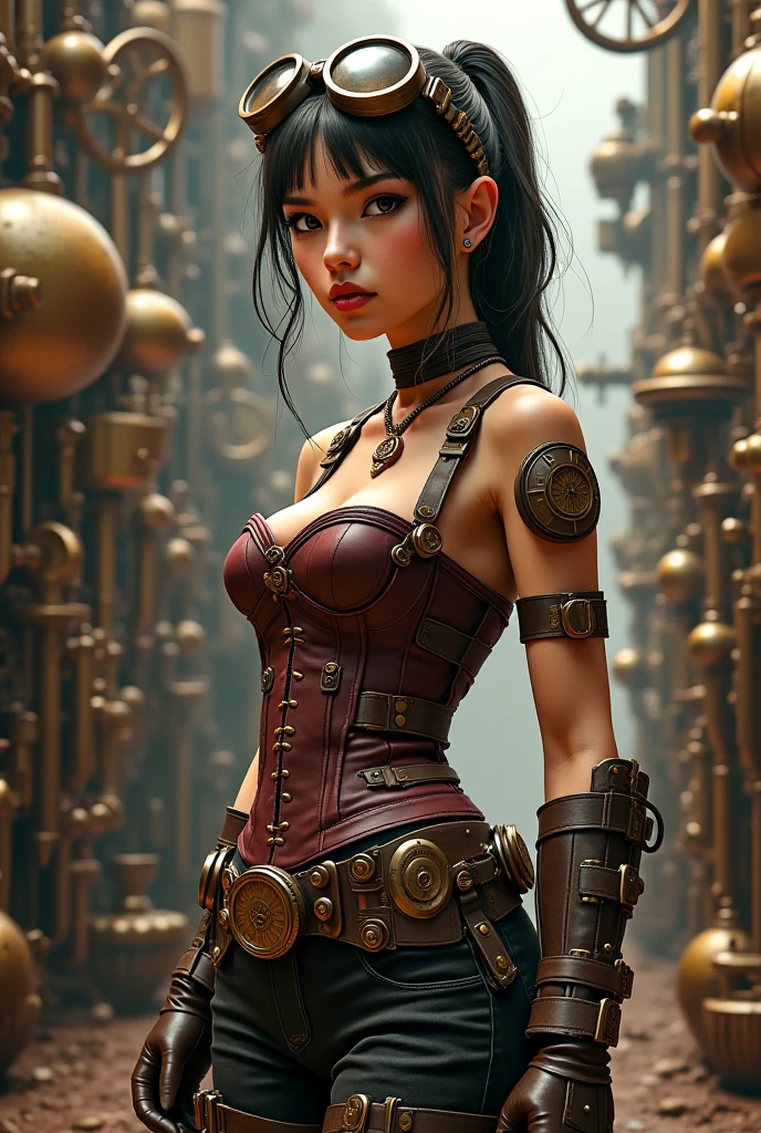 1girl, steampunk, Different hairstyles, gnome, different hair colours, female engineer, revealing workwear, goggles, perfect body, 80% body exposed, Provocative postures, intricate machinery, brass and copper accents, cogs and gears, futuristic cityscape, warm lighting, muted color palette, cinematic composition, photorealistic, 8k, best quality, masterpiece