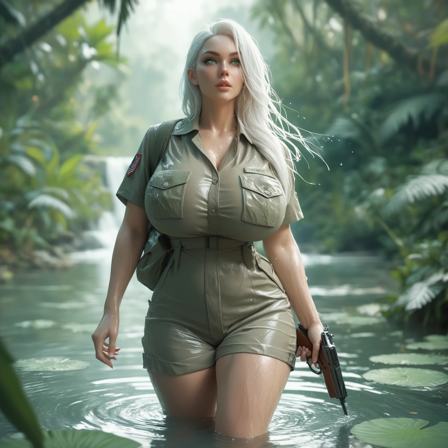 Scarlett Johansson, masterpiece quality, (masterpiece quality:1.9), realistic, solo, one girl, the wearing cargo pants, wearing white crop top, short haircut, Mayan ruins in background, jungle in background, gigantic boobs, (gigantic boobs:1.5), chubby belly, (chubby belly:1.5), cleavage,