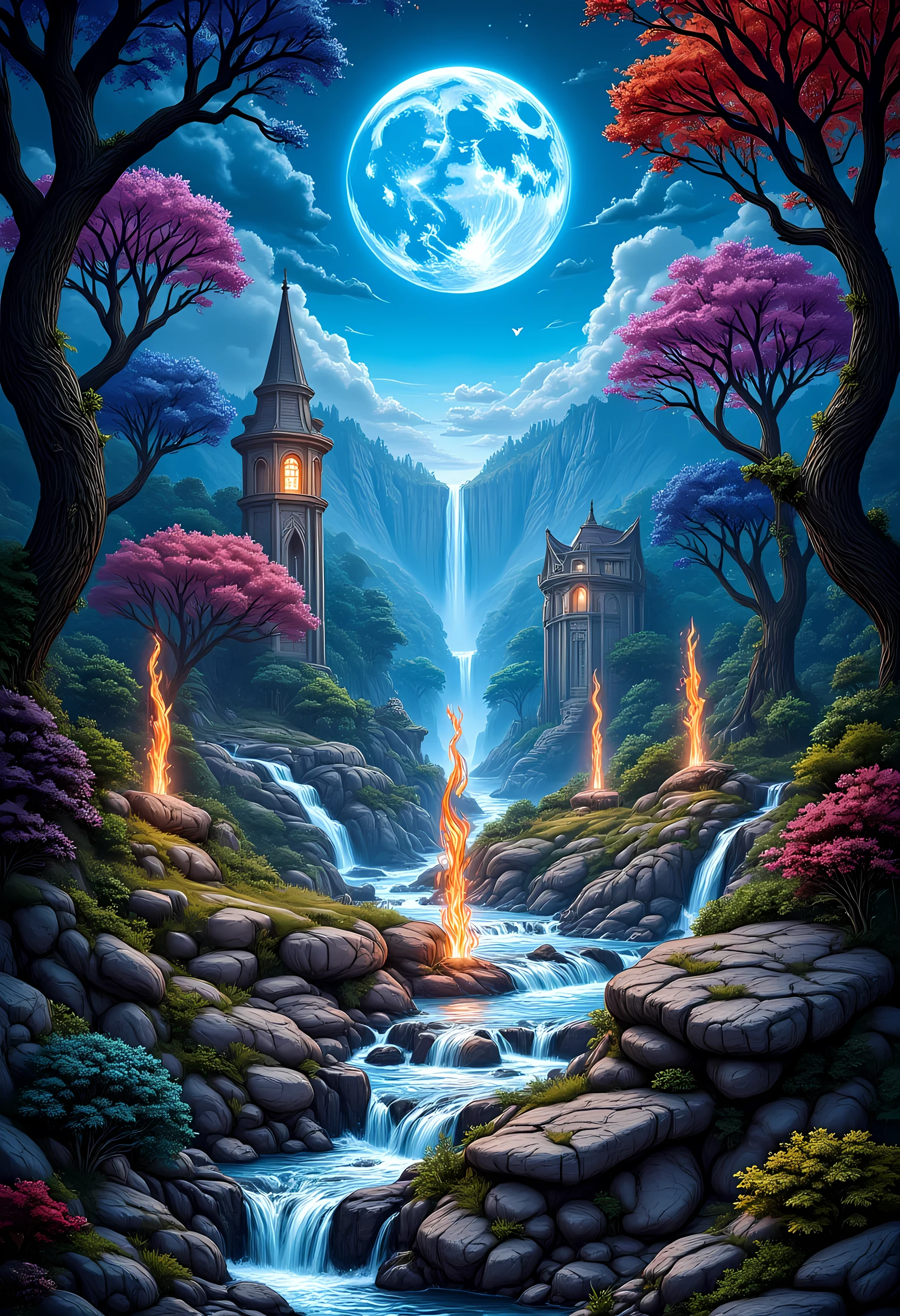 comic art, fantasy art, there is a magical forest, a river flowing, colorful trees, the blue moon is in the night sky, glowing stars, pillars of fire, moat of tranquil water, hyp3rd3tail style
