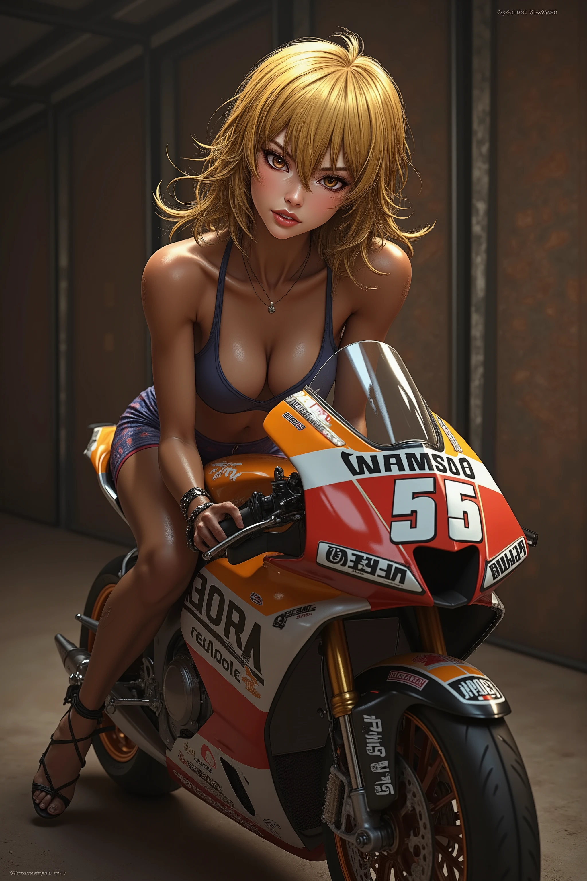 A JK is riding a HONDA　Repsol 　 motogp, glossy brown skin, small breasts, video, Yellow Hair,  inviting, top quality,  textured skin, 細い足 、 high heels、 movie light effect, アニメ