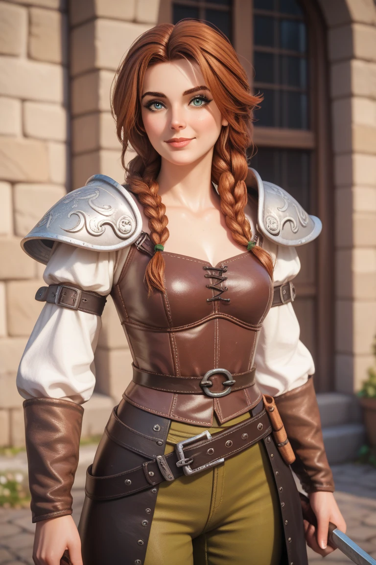 <lora:Fable:0.65>, 1girl, xyzfable, 3d render, twin braids, red hair, red riding hood, belts, detailed corset, portrait, closeup, facial markings