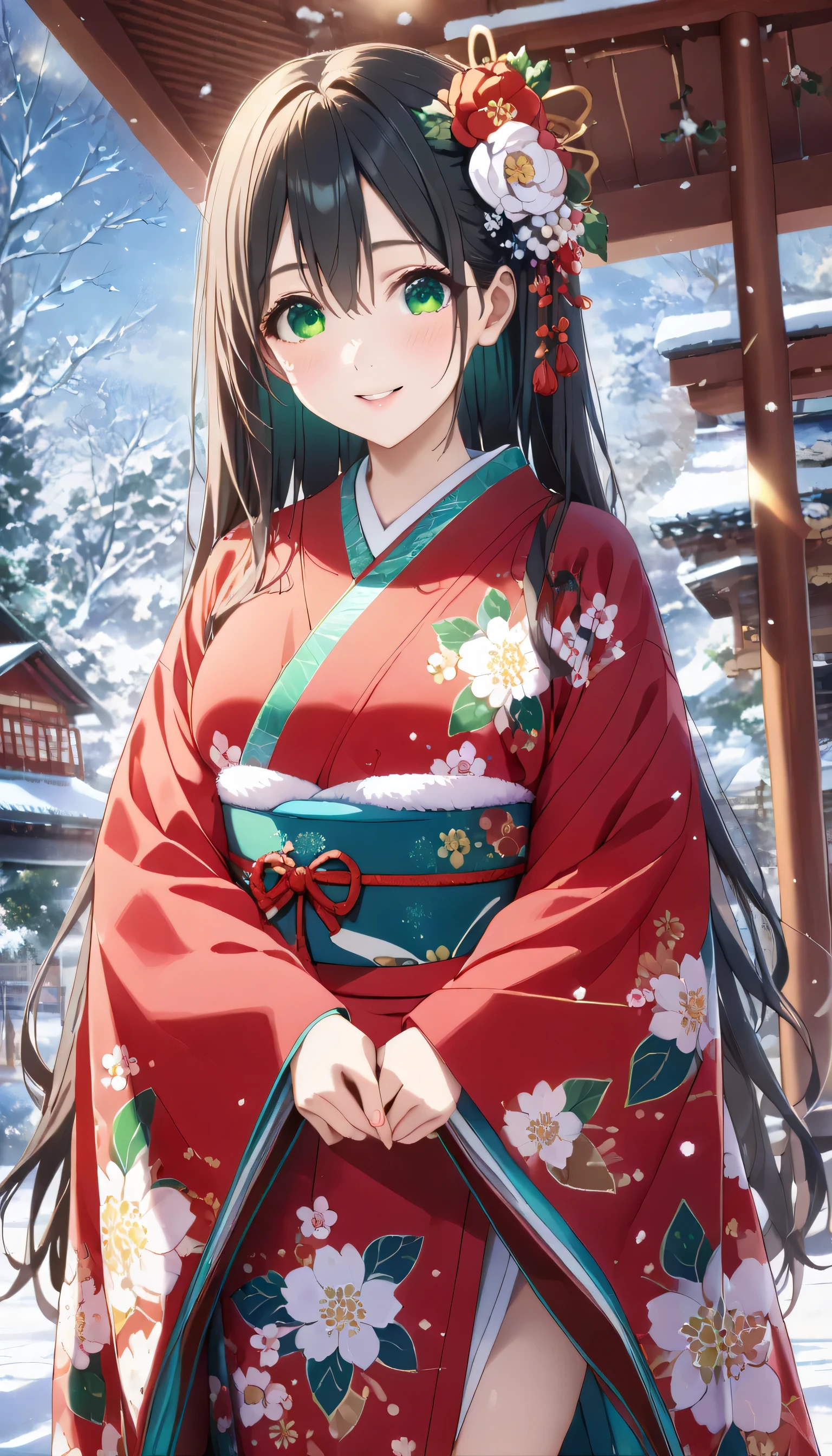((ultra-detailed)), (highly detailed CG illustration), (best quality:1.2), ultra-highly detailed, colorful composition, artistic photoshoot, 1girl, solo focus, ((thigh to top:1.4)), ((cowboy shot:1.4)), composition, artistic photoshoot, score_9, score_8_up, 1girl, solo focus, amagamiyae, black hair, green eyes, red ribbon, hair ribbon, japanese clothes, ample breasts, ((red ankle-length long furisode costume with gorgeous floral pattern:1.4)), ((white obi with golden decorations)), white fur shawl, shrine visit, traditional japanese shrine, snow falling, torii gate covered in snow, visitors wearing kimonos, beautiful detailed winter sky, from front, expecting, pink cheek, blush, light pink gloss slip, portrait, depth of field, soft lighting, sidelighting, (shine), lighting, caustics, ray tracing, smile, perfect face, lustrous skin, highly detailed face, highly detailed eyes, perfect face, perfect nose, perfect hair, perfect eyes, perfect anatomy, beautiful hair, beautiful small face, extremely detailed face, beautiful detailed eyes, beautiful clavicle, beautiful body, beautiful ample breasts, breasts squeezed together, equalize the size of the left and right breasts, beautiful thin thighs, beautiful legs, beautiful fingers, 4 fingers, 1 thumb, lovely, (very detailed background:1.0), (highly detailed background:1.0), winter aesthetic, intricate details, solemn serene and respectful atmosphere, winter colors palette, chromatic aberration