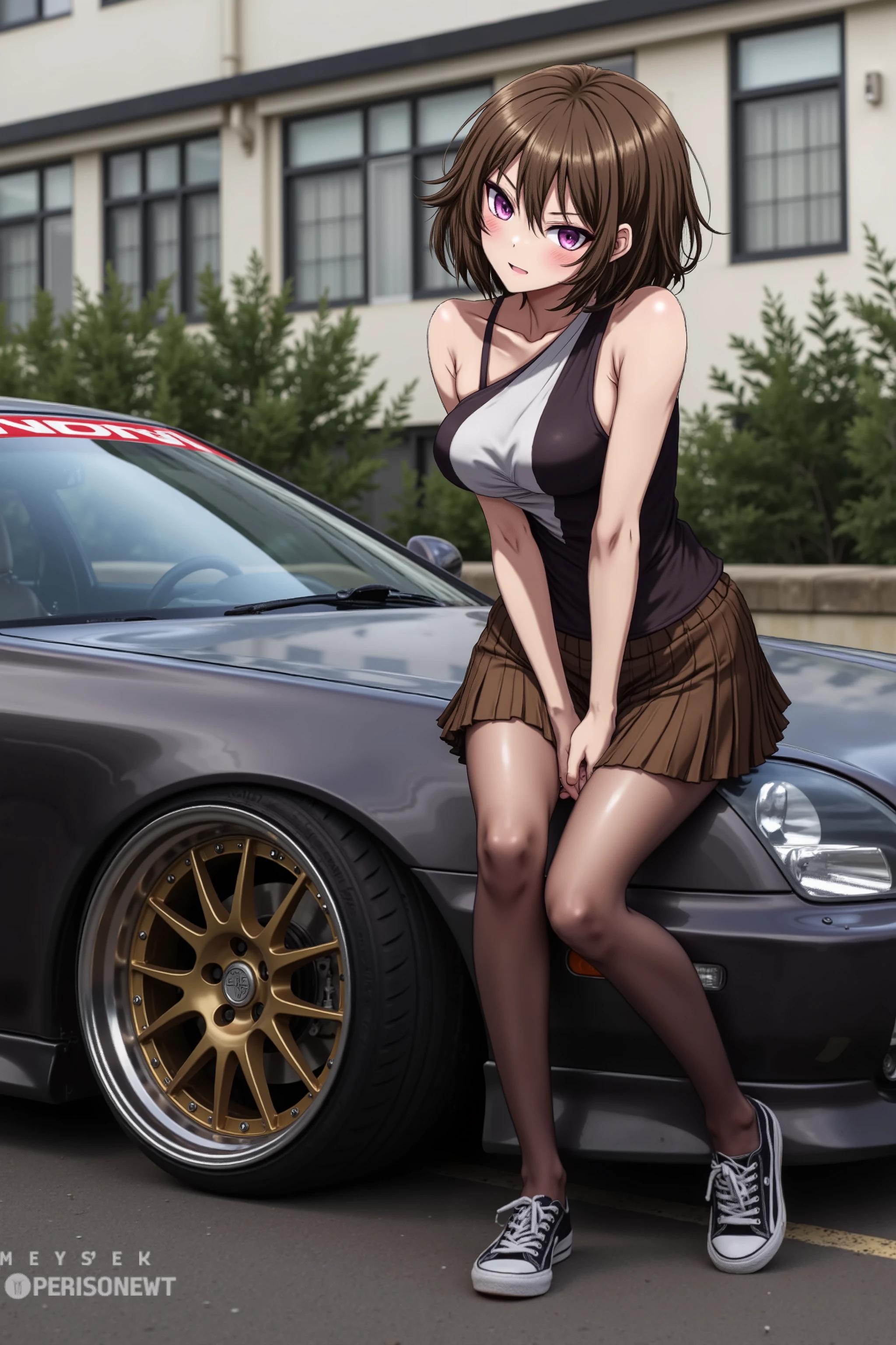 A beautiful woman is standing next to a tuned HONDA プレリュード、 Wide Body Kit 、deep rim aluminum wheel、positive camber、JDM、 Ultra Wide Angle, glossy brown skin 、 anime 、 top quality, movie light effect, STANCE Nation