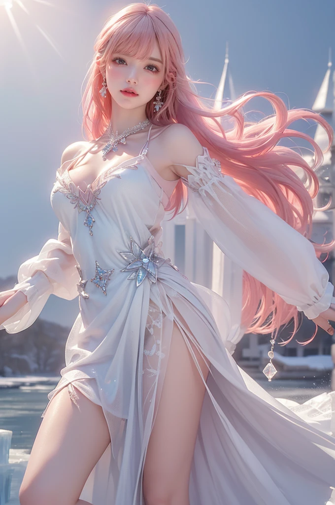 (logo、masterpiece、8k、table top、RAW photo、wonderful、最high quality、Photorealistic and hvery detailed CG integrated 8k wallpaper、high quality、very detailed、Narrative poem、particle effects、dynamic effects、written boundary depth、cinematic light、Lens flare、ray tracing)、fantasy、 (1 beautiful woman、light pink hair、beautiful face、real face、beautiful detailed eyes、beautiful skin、woman dancing gracefully:1.7、woman dancing gracefully:1.7)、Hair flutters in Wind、hair bouncey hair dances in the wind、hair jump、halter neck、leather pants、leather jacket、silver earrings、night、Wind、darkness、snow and hoarfrost、very cold winter day、snow-capped mountainや森、hoarfrost、snow-capped mountain々、The beauty and brilliance of frost-covered trees、Serenity and beauty meadow of ice and snow world、vast land、Lakeside、wonderful scenery、Beautiful natural wind scenery、night sky、Wind、cherry blossoms、cherry blossomsの花びらが舞っている、SakuraFubuki、falling petals