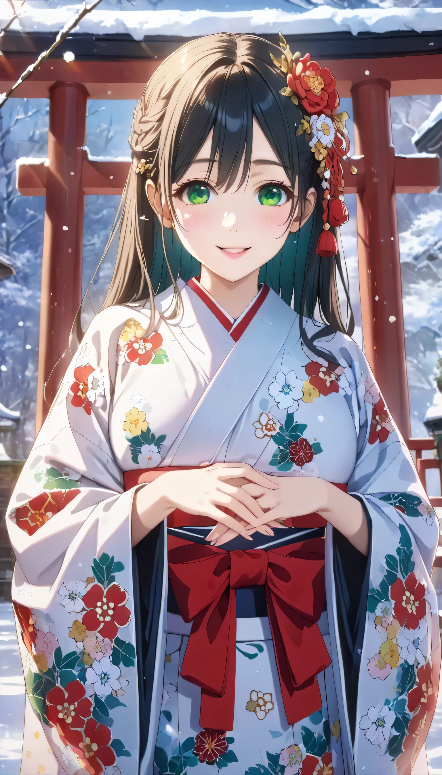 ((ultra-detailed)), (highly detailed CG illustration), (best quality:1.2), ultra-highly detailed, colorful composition, artistic photoshoot, 1girl, solo focus, ((thigh to top:1.4)), ((cowboy shot:1.4)), composition, artistic photoshoot, score_9, score_8_up, 1girl, solo focus, amagamiyae, black hair, green eyes, red ribbon, hair ribbon, japanese clothes, ample breasts, ((red ankle-length long furisode costume with gorgeous floral pattern:1.4)), ((white obi with golden decorations)), white fur shawl, shrine visit, traditional japanese shrine, snow falling, torii gate covered in snow, visitors wearing kimonos, beautiful detailed winter sky, from front, expecting, pink cheek, blush, light pink gloss slip, portrait, depth of field, soft lighting, sidelighting, (shine), lighting, caustics, ray tracing, smile, perfect face, lustrous skin, highly detailed face, highly detailed eyes, perfect face, perfect nose, perfect hair, perfect eyes, perfect anatomy, beautiful hair, beautiful small face, extremely detailed face, beautiful detailed eyes, beautiful clavicle, beautiful body, beautiful ample breasts, breasts squeezed together, equalize the size of the left and right breasts, beautiful thin thighs, beautiful legs, beautiful fingers, 4 fingers, 1 thumb, lovely, (very detailed background:1.0), (highly detailed background:1.0), winter aesthetic, intricate details, solemn serene and respectful atmosphere, winter colors palette, chromatic aberration
