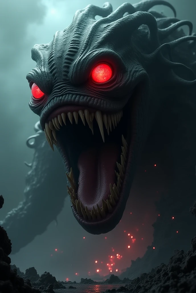Huge mouth with those with red eyes and she creates a monster