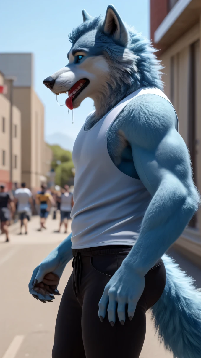 hairy, Alone, about, Male sky blue wolf, bright blue eyes , finger claws , greet spectator sleeveless t-shirt , nude, fierce, street, sunny forest, standing posture , right profile, fluffy tail , , salivating, wearing tight black pants., pies con garras, full body, bulto en la ingle