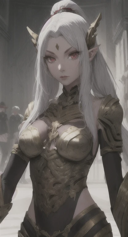 The first, Eldari goddess Kalindria, silver hair, red eyes, looking at viewer, ancien armor, 