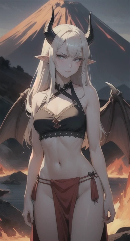 ((best quality)), ((masterpiece)), (detailed), 1 girl heavy warrior, 8k_wallpaper, extremely detailed eyes, (large masterpiece digital art), (intricate details:1.3 ), (ultra-detailed:1.3), (sharp focus:1.3), (natural lighting:1.05), (vivid colors:1.3), (best quality:1.4), high quality, expressive eyes, full body, detailed face, beautiful face, perfect face, ((hair sandy white curls)), ((dragon dark blue horns)), (gold eyes), {{dark skin}}, ({dark skinned female}), big breasts, (huge chest), powerful relief muscles of the abdomen and legs, powerful strong muscles of the arms, abdominal piercings, cruel predatory and cold-blooded arrogant look, a predatory smile with many fangs, open dark blue silk lush kimono with patterns of golden maple leaves, a white translucent cotton crop-top outlines of nipples under clothing, leather mini-shorts, lowered leather wide red belts on the waist with large yarn, (long large dragon dark blue tail), on a sunny day she stands on the deck of an old galleon against the backdrop of a destroyed old fantasy city,
