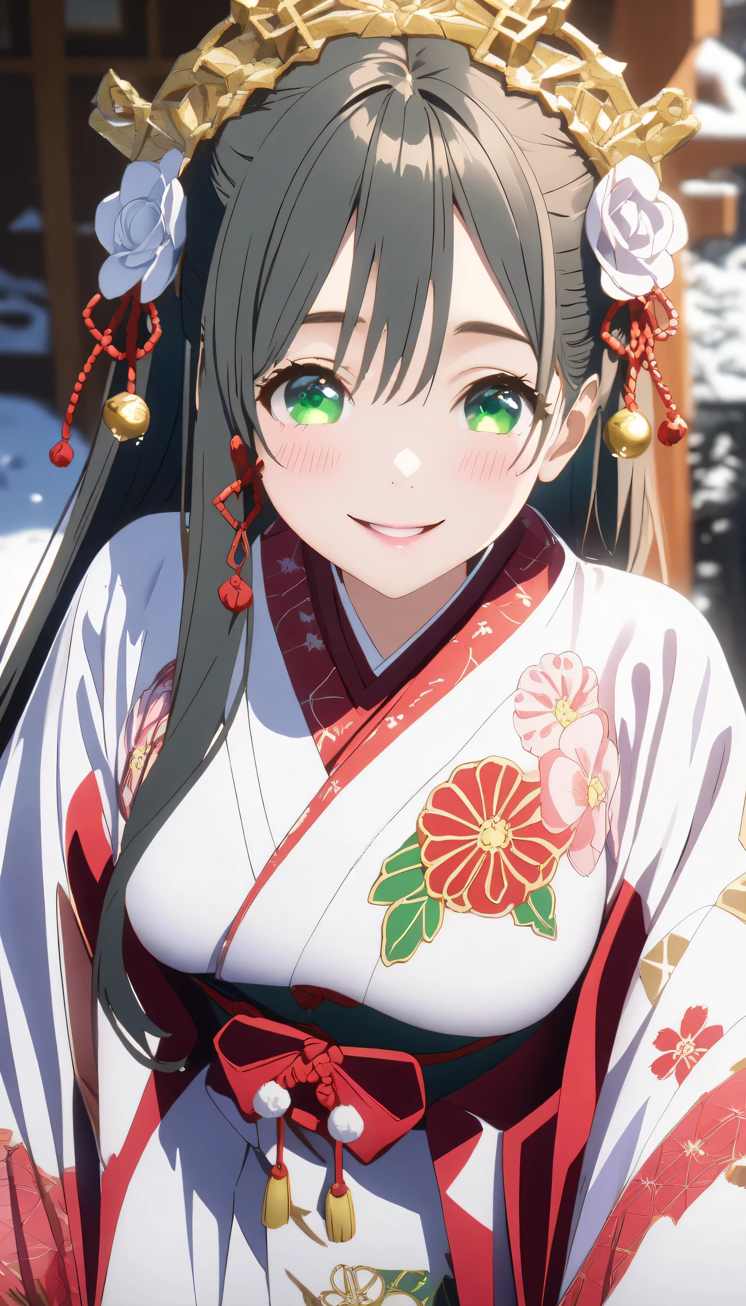 ((ultra-detailed)), (highly detailed CG illustration), (best quality:1.2), ultra-highly detailed, colorful composition, artistic photoshoot, 1girl, solo focus, ((thigh to top:1.4)), ((cowboy shot:1.4)), composition, artistic photoshoot, score_9, score_8_up, 1girl, solo focus, amagamiyae, black hair, green eyes, red ribbon, hair ribbon, japanese clothes, ample breasts, ((red ankle-length long furisode costume with gorgeous floral pattern:1.4)), ((white obi with golden decorations)), white fur shawl, shrine visit, traditional japanese shrine, snow falling, torii gate covered in snow, visitors wearing kimonos, beautiful detailed winter sky, from front, expecting, pink cheek, blush, light pink gloss slip, portrait, depth of field, soft lighting, sidelighting, (shine), lighting, caustics, ray tracing, smile, perfect face, lustrous skin, highly detailed face, highly detailed eyes, perfect face, perfect nose, perfect hair, perfect eyes, perfect anatomy, beautiful hair, beautiful small face, extremely detailed face, beautiful detailed eyes, beautiful clavicle, beautiful body, beautiful ample breasts, breasts squeezed together, equalize the size of the left and right breasts, beautiful thin thighs, beautiful legs, beautiful fingers, 4 fingers, 1 thumb, lovely, (very detailed background:1.0), (highly detailed background:1.0), winter aesthetic, intricate details, solemn serene and respectful atmosphere, winter colors palette, chromatic aberration
