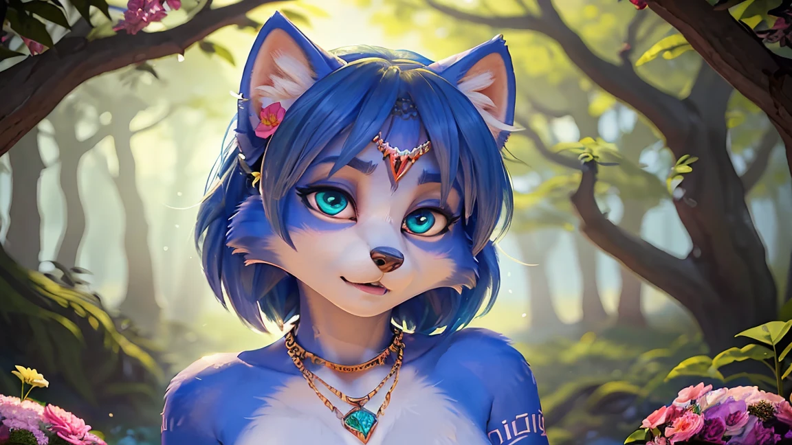 A beautiful and detailed (sweet picture) wa ((krystal)), Star Fox Krystal, sslim, lovable, green eyes, medium breasts, (((Long blue hair 1.3))), ((black hair tips)), Decollete, grin, look up,, anthro, furry, Uploaded E621, detailed fluffy fur, (wa Fluff-Kevlar, Bayard Wu, personalize me, Pino Daeni), detailed face, (fluffy), 1 girl, alone, Tribal clothing, sweet girl, alone,