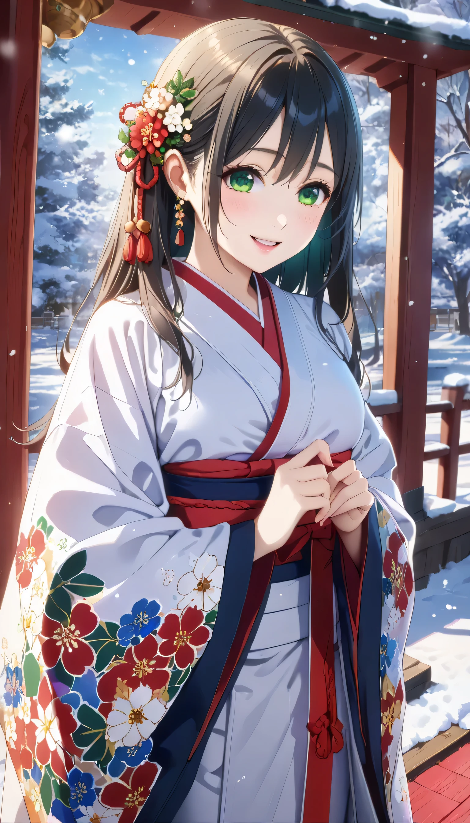 ((ultra-detailed)), (highly detailed CG illustration), (best quality:1.2), ultra-highly detailed, colorful composition, artistic photoshoot, 1girl, solo focus, ((thigh to top:1.4)), ((cowboy shot:1.4)), composition, artistic photoshoot, score_9, score_8_up, 1girl, solo focus, amagamiyae, black hair, green eyes, red ribbon, hair ribbon, japanese clothes, ample breasts, ((red ankle-length long furisode costume with gorgeous floral pattern:1.4)), ((white obi with golden decorations)), white fur shawl, shrine visit, traditional japanese shrine, snow falling, torii gate covered in snow, visitors wearing kimonos, beautiful detailed winter sky, from front, expecting, pink cheek, blush, light pink gloss slip, portrait, depth of field, soft lighting, sidelighting, (shine), lighting, caustics, ray tracing, smile, perfect face, lustrous skin, highly detailed face, highly detailed eyes, perfect face, perfect nose, perfect hair, perfect eyes, perfect anatomy, beautiful hair, beautiful small face, extremely detailed face, beautiful detailed eyes, beautiful clavicle, beautiful body, beautiful ample breasts, breasts squeezed together, equalize the size of the left and right breasts, beautiful thin thighs, beautiful legs, beautiful fingers, 4 fingers, 1 thumb, lovely, (very detailed background:1.0), (highly detailed background:1.0), winter aesthetic, intricate details, solemn serene and respectful atmosphere, winter colors palette, chromatic aberration