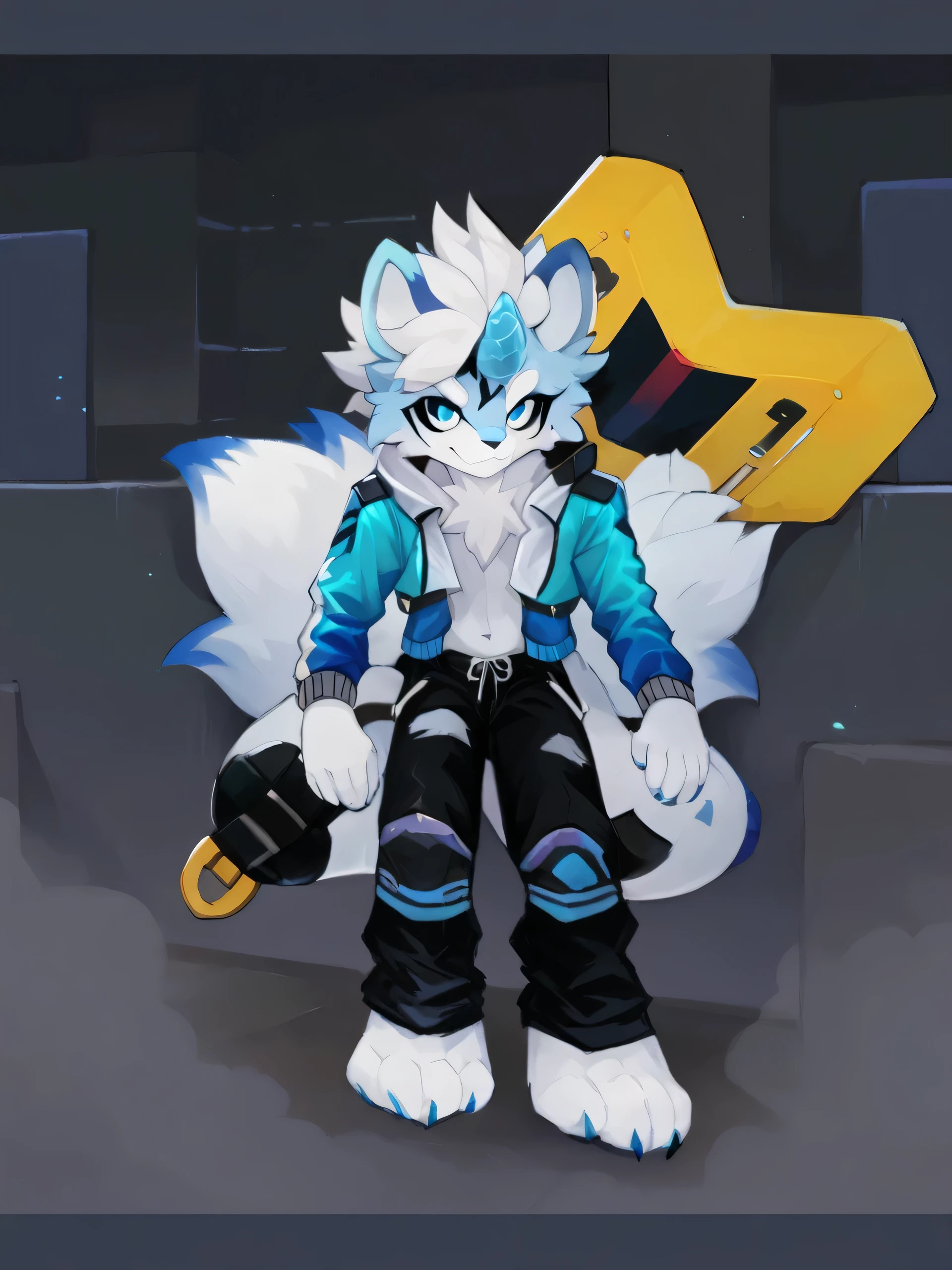 score_9, score_8_up, score_7_up, high quality, hires, by plive, furry, anthro, seductive, looking at viewer, detailed background, (close up, anthro, 1boy, solo, male focus, clothing, furry, horns, furry male, jacket, pawpads, tail, red jacket, blue eyes, pants, male, sitting, fur, topwear, bottomwear, black hair, glistening, animal feet, clothed, black bottomwear, hair, horn, glistening eyes, blue body, mammal, animal ears, hi res, black pants, body fur, open clothes, claws, fang, looking to the side, closed mouth, open jacket, night, barefoot, navel, blue fur, long sleeves, white fur)