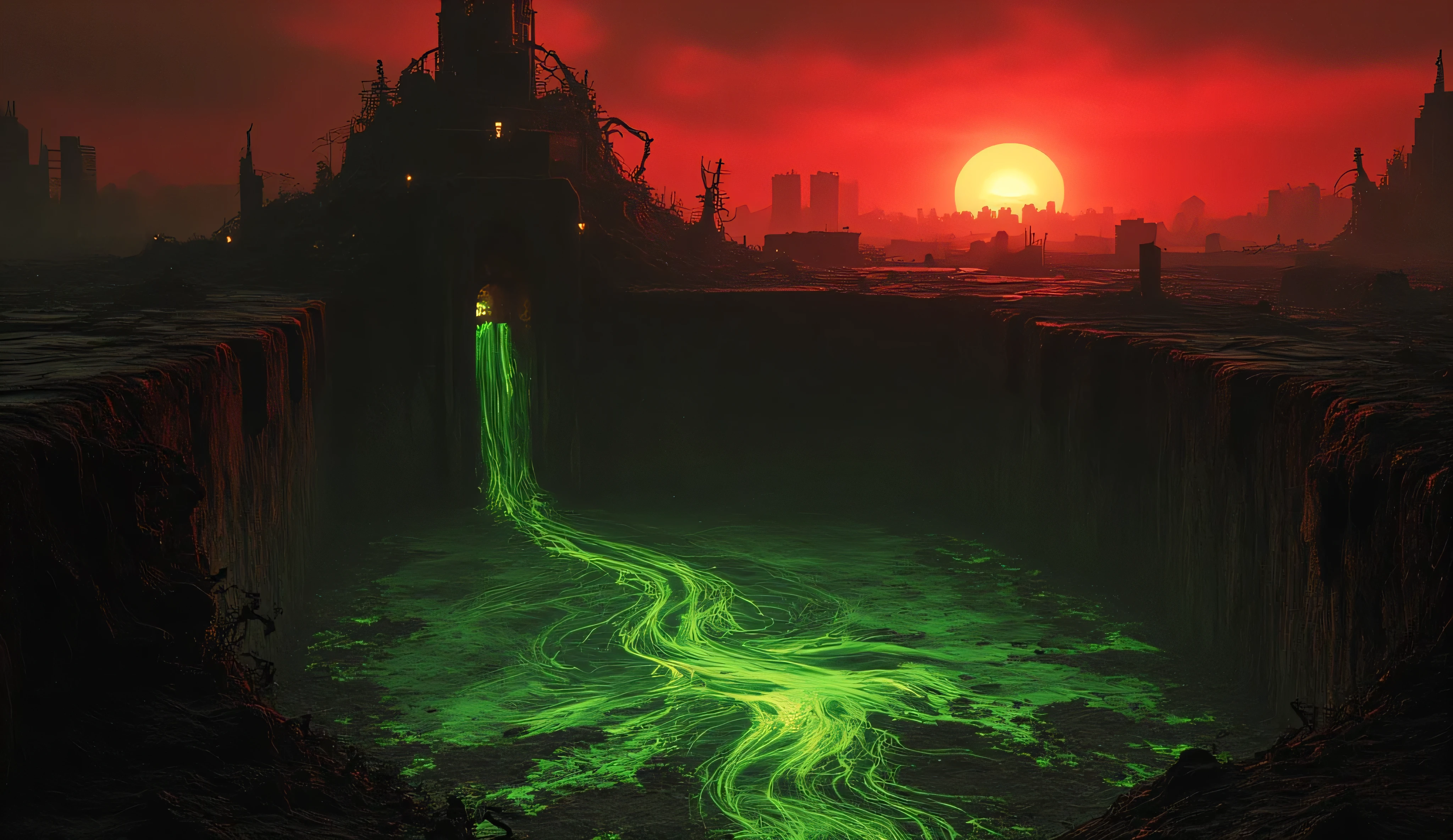 A huge pit full of green acid. It's full of human bodies and hands. The city of meat, the crimson sky, the apocalypse. The sunset is yellow. Blood, violence, pain. blood-red sky, black sky. Horror