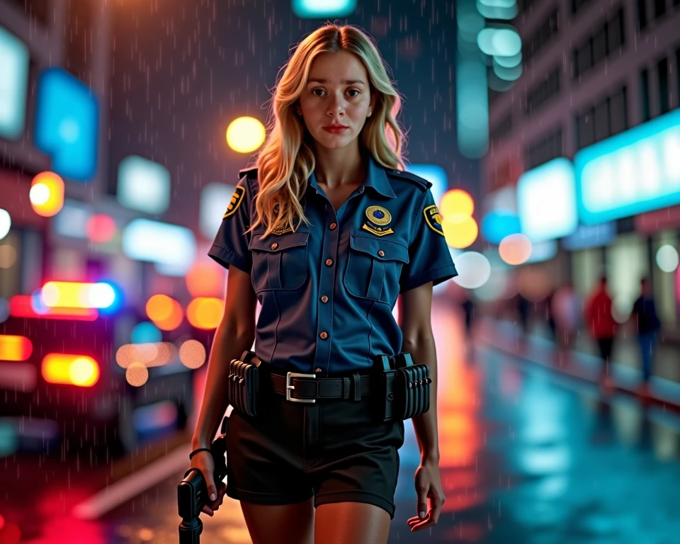 A sophisticated policewoman standing on the street, hands on hips, looking at the person in front of her with a helpless expression, bustling city streets and skyscrapers in the background, ,in the style of the stars art group xing xing, 32k, best quality, masterpiece, super detail, high details