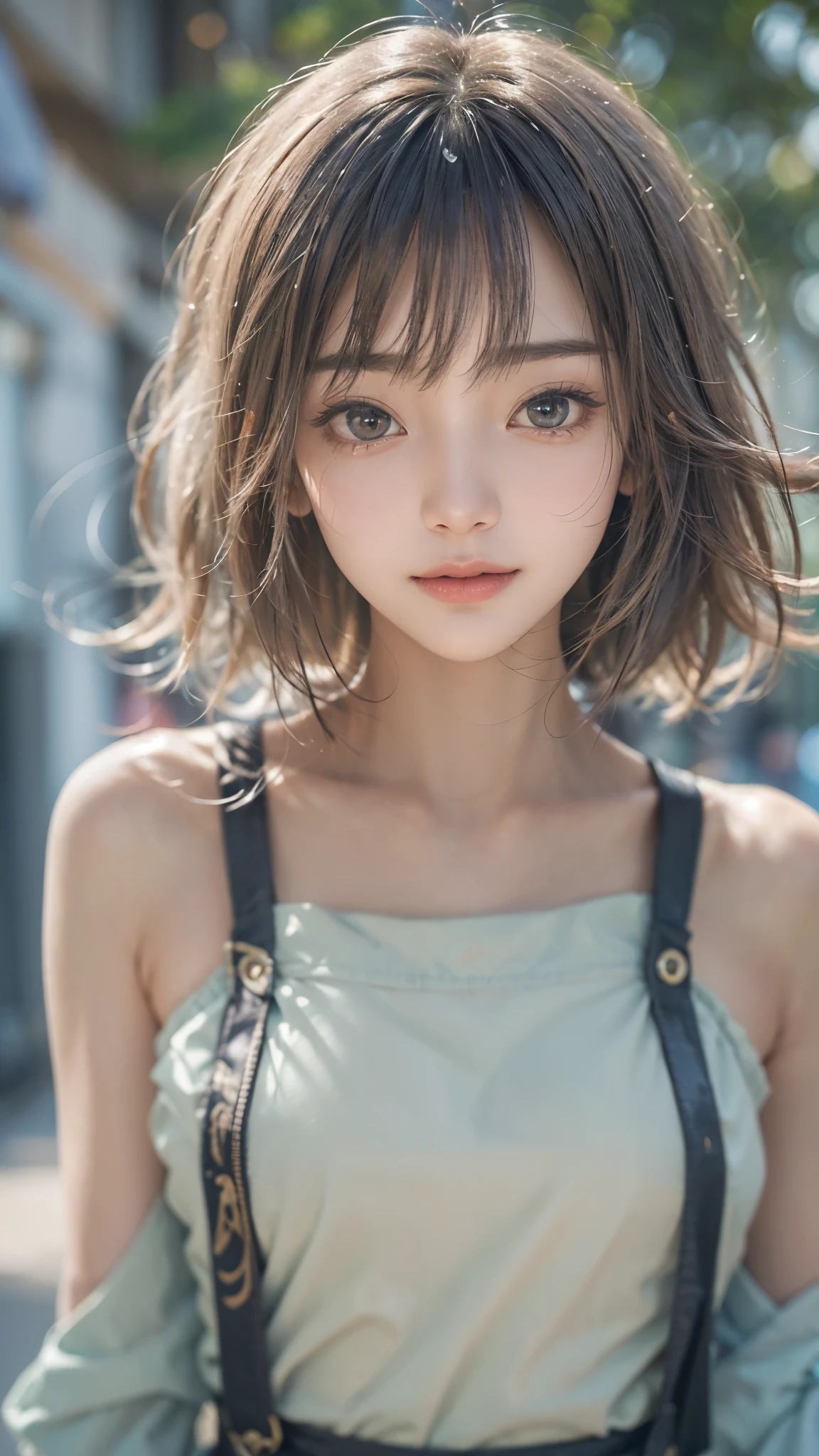 Masterpiece,  tell me about 1 beautiful girl,  detailed eyes,  eyes swollen ,  top quality, super  high resolution, ( realism: 1.4),   Original Pictures ,  Cinematic Lighting,  Japanese ,  so beautiful,  Beautiful skin, slender, ( surreal), ( high resolution), (8k), ( very detailed), (beautifully  detailed eyes), ( very detailed), ( ( detailed face),  Audience ,  very smiling,  and looking straight ahead,  black eyes, Forward facing body, bright street tree ,  tea hair,  shortcut to doctor,  street tree in background ,  pretty light blue Y shirt,