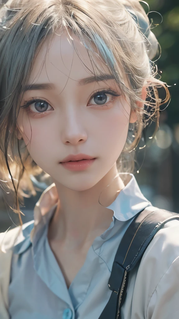 Masterpiece,  tell me about 1 beautiful girl,  detailed eyes,  eyes swollen ,  top quality, super  high resolution, ( realism: 1.4),   Original Pictures ,  Cinematic Lighting,  Japanese ,  so beautiful,  Beautiful skin, slender, ( surreal), ( high resolution), (8k), ( very detailed), (beautifully  detailed eyes), ( very detailed), ( ( detailed face),  Audience ,  very smiling,  and looking straight ahead,  black eyes, Forward facing body, bright street tree ,  tea hair,  shortcut to doctor,  street tree in background ,  pretty light blue Y shirt,