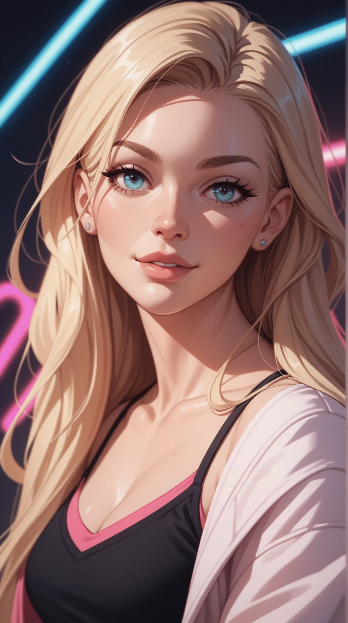 score_8_up, score_7_up, score_6_up, score_5_up, score_4_up, woman , blonde , long hair, portrait, pink neon gradient,
