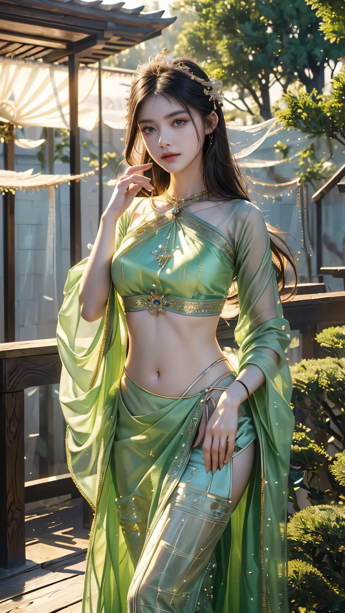 Full figure, seven -clinging shooting, 18 years old, wearing firefly clothes, exquisite faces, details, hands, ultimate details, amazing magnificence, Pedaipan style, fiber hair, navel, glowing green firefly, glowing green firefly, sitting,