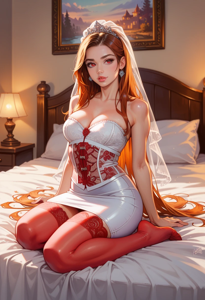 SFW、top-quality、Full limbs、complete fingers、1 beautiful woman,mole under eye、、sweat、Slender beauty、straight haired、Brown hair、((white Nurse Leotard、very skinny))、cleavage、White pantyhose、hospitals、Hospital Room、on Patient bed、vulgarity、spoken heart、( tan:1.6)、