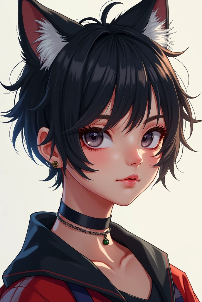 1girl, rainbow hair, cat ears, animal ears, animal ear fluff, emo punk style, makeup, dark skin, facial mark, hair between eyes,lips, looking at viewer,neck tattoo, parted lips, red eyes, red hair, short hair, slit pupils, solo,