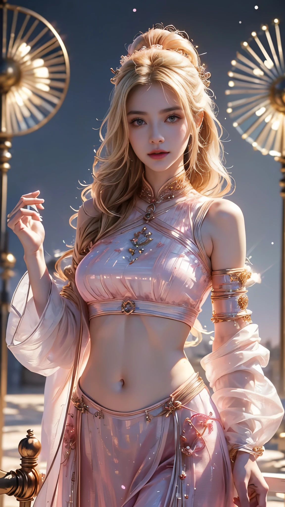 1 girl, goddesses, Vi delicate and beautiful face, golden hair, flowy, round breast, Convex buttocks, greek clothes, perfectly proportioned, Detailed clothing details, pink clothing, shining clothing, bare shoulder, epicness scenery, Temple, wonderland, Cinematic lighting, filmgrain, Fujicolor, light and darkcontrast, 8K, 巨作, Textured skin, Super detail, High detail, High quality, high resolucion,
