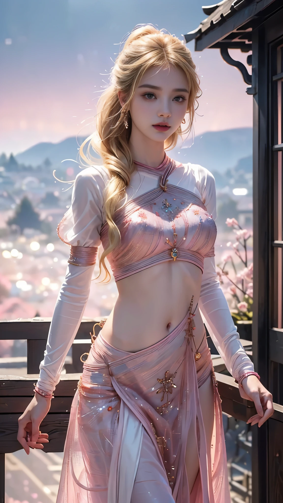 Female, standing at the park, with dress, With a mountain view, beautiful face, perfect face, pink nails, smile, beautiful eyes, masterpiece, best quality